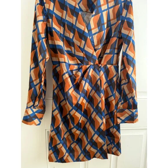 Banana Republic Blue and Orange Geometric Print Satin Wrap Dress - Picture 2 of 12